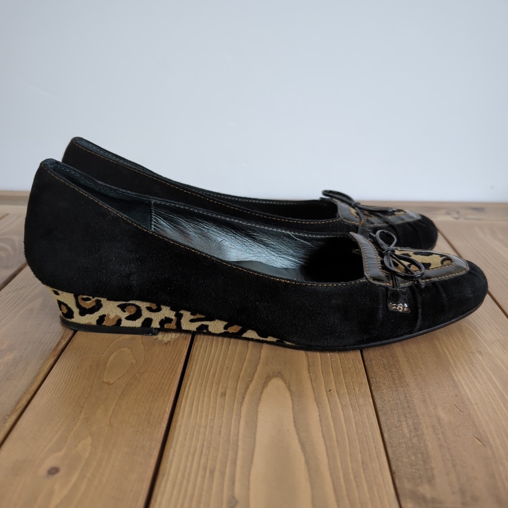 Prevata Black Leather/Suede Leopard Print Wedge Shoes